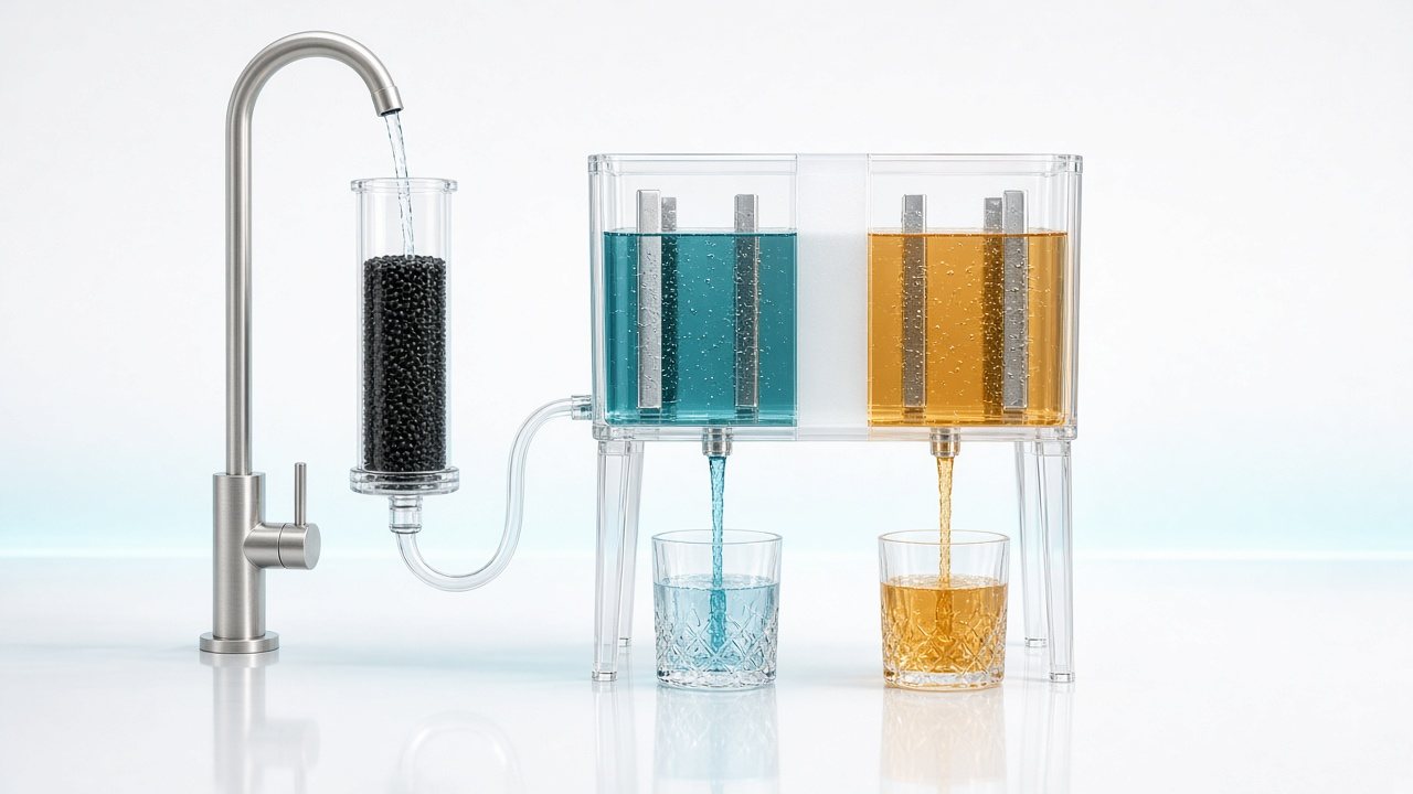 Diagram: tap water passes through a filter and then an electrolysis chamber with plates and a membrane, producing one stream with a higher pH and one with a lower pH